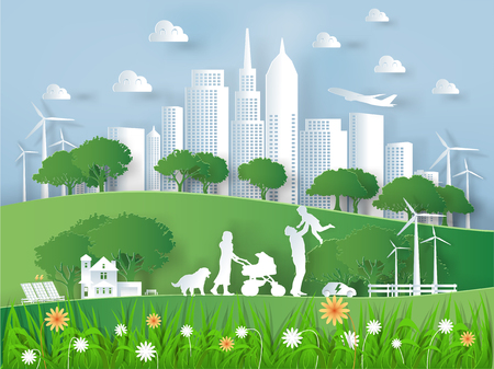 Illustration vector of modern eco world environment and happiness family,graphic design of eco modern world in paper art styleのイラスト素材