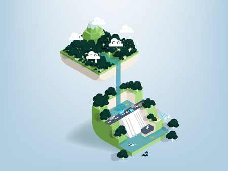 Graphic design concept of forest dam in isometric view, illustration vector of dam in forestのイラスト素材