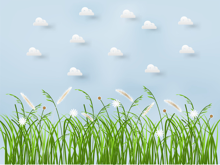 beautiful graphic design background of spring grass flower on blue sky with cloudsのイラスト素材