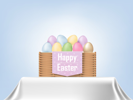 colorful Easter eggs in a basket on tablecloth, graphic design concept of Happy Easter Dayのイラスト素材