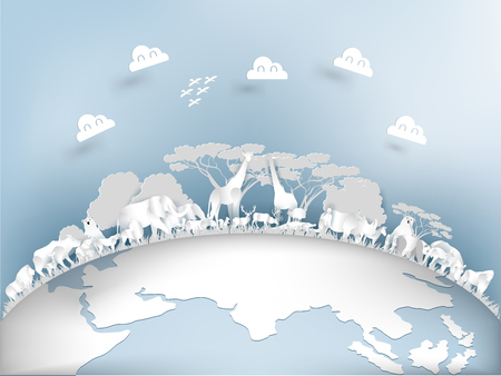 illustration design concept of world wildlife day , Concept Important dates on animals and the environment ,Animals, earth and nature in paper art style, origami of wildlifeのイラスト素材