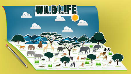 Illustration vector design concept of animal wildlife pop up book, Pop-up book with africa savanna animal sceneryのイラスト素材