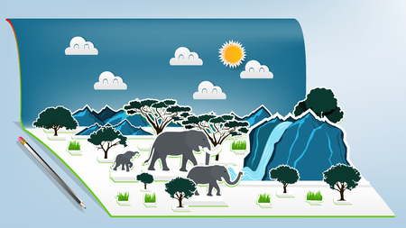 Illustration vector design concept of animal wildlife elephants family pop up book, Pop-up book with africa savanna elephant family sceneのイラスト素材