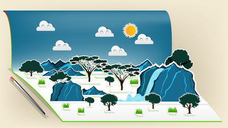 Illustration vector design concept of savanna wildlife pop up book, Pop-up book with africa savanna sceneのイラスト素材