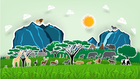 Illustration vector design concept of animal wildlife pop up book, Pop-up book with africa savanna animal scenery, paper craft origami of wildlife animalのイラスト素材