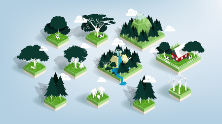 Graphic design vector of green ecology elements, renewable energy and background, environment friendly concept in isometric style, illustration vector of forest, water and cityのイラスト素材