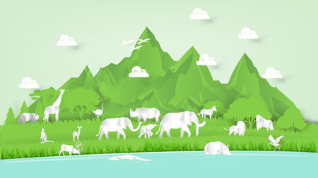 paper art vector of beautiful wildlife nature, graphic design concept of nature outdoor lifeのイラスト素材