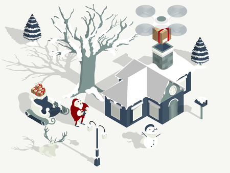 illustration vector of santa claus using drone to drop gift box to child's house, design concept of santa claus drone deliveryのイラスト素材
