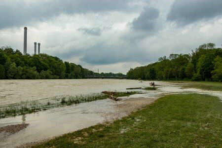 munich, isar, brudermuehlbruecke, Mai 22, 2019: storm deep axel is flooding the isar in munichのeditorial素材