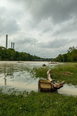 munich, isar, brudermuehlbruecke, Mai 22, 2019: storm deep axel is flooding the isar in munichのeditorial素材
