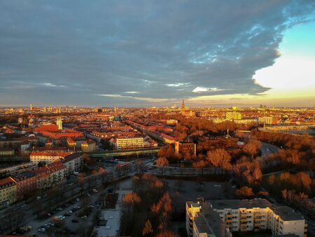 Aerial view of Munich on a winter day at sunset, munich, germany.の写真素材