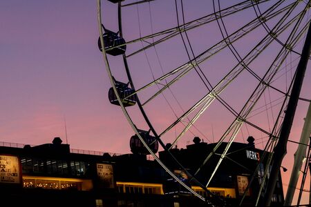 Munich - September 10, 2019: close up of the newly opened giant Hi-Sky in Munich's Werksviertel district at night.のeditorial素材