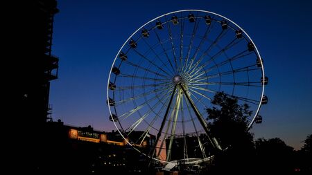 Munich - September 10, 2019: newly opened giant Hi-Sky in Munich's Werksviertel district at night.のeditorial素材