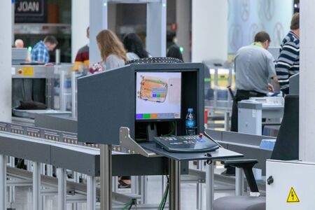 Airport, palma, mallorca, spain, 2019 april 14 monitor with x-ray of luggage