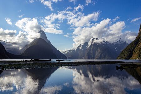 Mitre Peak on sunset with nice clouds, Milford Sound, Fiordland, South Island,New Zealandの写真素材