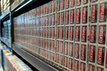 Airport, palma, mallorca, spain, 2019 april 14: fortuna cigarette on the shelves for sale in an duty free shopのeditorial素材