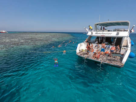 Hurghada, Egypt - september 17, 2019: Unknown people on white yacht snorkeling in the Red seaのeditorial素材