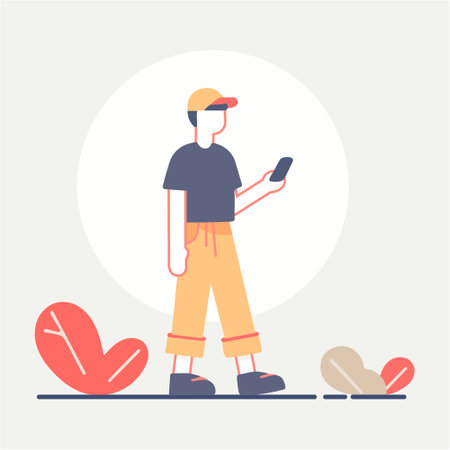 abstract modern young man person walking and checking smart mobile phone device in hand wearing cap, guy on phone, man shopping online on the go, looking on mobile screen, flat vector character designのイラスト素材