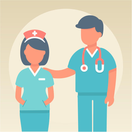 male doctor comforting female nurse hand on pocket in hospital duty medical uniform flat vector...