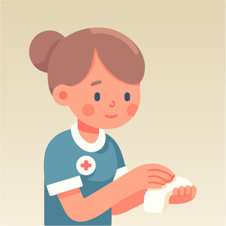 young female medical nurse using towel to clean her hand, clinic person washing hand, caregiver use first aid flat vector illustration character people protect from infection disease control staffのイラスト素材