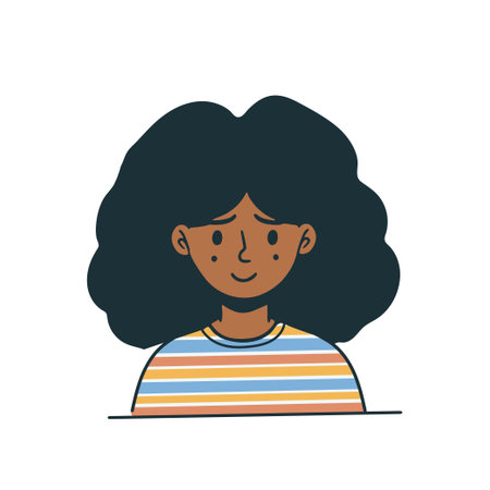 happy face black african american women long curly hair girl flat vector character for animation project head fully editable colourful shirt rainbow colors attractive smiley person facial expressionのイラスト素材