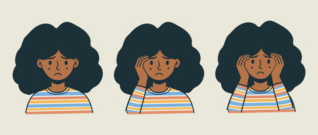 set of young black african skin women girl different emotion cartoon flat vector character long curly hair two hand on face sad wow surprise expression depressed emotion avatar icon portrait profileのイラスト素材