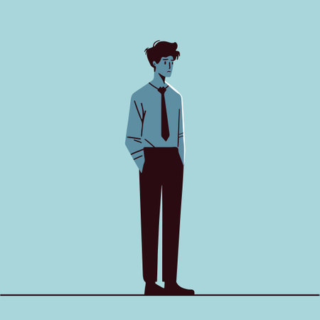 unhappy sad face young adult business man thoughts, entrepreneur bad choice doubt confused boy hand on pocket wearing tie puzzled expression feeling cartoon character vector, disappointed employeeのイラスト素材