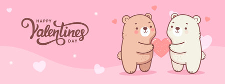 cute cartoon flat vector animal character baby teddy little bear doll couple giving gift red heart shape banner website, happy valentine day text illustration greeting card holidays sending love happyのイラスト素材