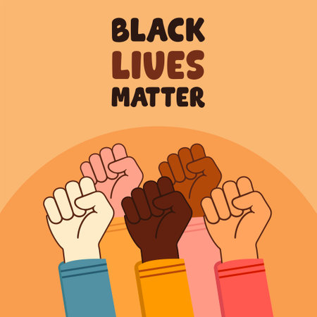 black lives matter hashtag text hand fist concept black history month poster web design vector flat african afro people of black racial campaign discrimination of dark color skin equality illustrationのイラスト素材