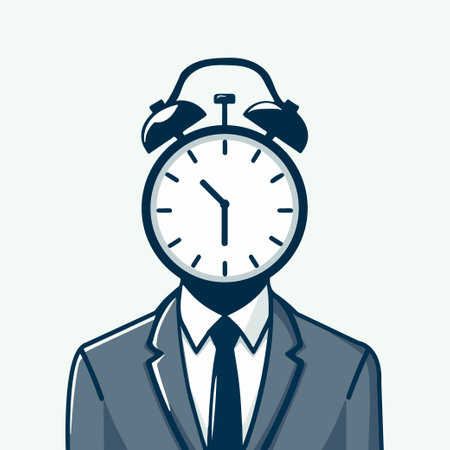 business man with head clock, time management, discipline, stress pressure, headache, depression concept flat cartoon vector character. deadline over time employee worker busy schedule illustrationのイラスト素材