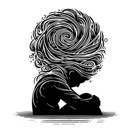 hard working job stress man black silhouette scribble above head carrying heavy burden on his back family financial problem suffering tired sad vector unhappy staff employee depression mental disorderのイラスト素材