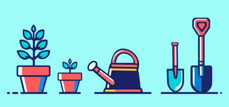 set of various different home plant flower pot, garden trowel, digging shovel, watering can spade tools dual tone vector symbol icon logo horticulture concept illustration growing plants agricultureのイラスト素材