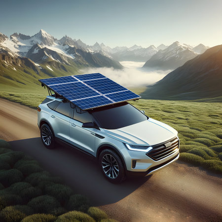 SUV white car solar panel on top sustainable energy on mountain jungle forest area driving on road future modern tech eclectic vehicle self charging on the go moving solar panel buの素材