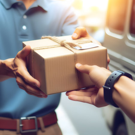delivery man holding parcel product package handing over to satisfied happy customer fast safe easy delivery, wrapped rope ecofriendly cardboard package craft paper sustainable onlの素材