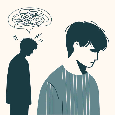 young sad anxiety unhappy depressed confused financial stress men face thinking about his past background scribble line callout above his head modern clean vector feeling and thoughts, headache artのイラスト素材