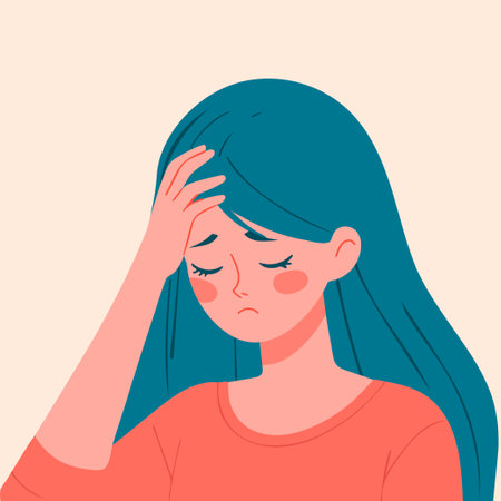 stressed unhappy women eye closed one hand on head migraine headache love failure thinking about past alone young girl flat vector illustration long hair sad face expression cry depressed emotion feelのイラスト素材