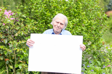 Serene elderly man smiling and showing a handheld blank whiteboard for advertising a message in front of a green flowering shrub behind himの写真素材