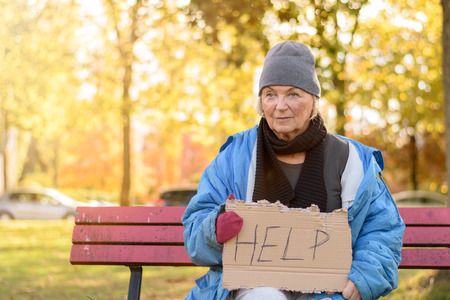 Homeless or poverty stricken elderly lady sitting on a park bench in the cold autumn weather holding a cardboard sign asking for Helpの写真素材