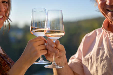 Cropped view of an unrecognisable happy couple toasting each other with wine in elegant glasses...