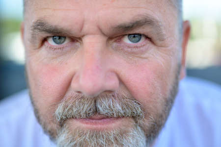 Senior bearded man staring intently into the lens in a close up cropped view of his face with focus...
