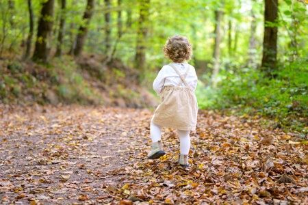 Full body shot of a little girl from behind in the forest in autumnの写真素材