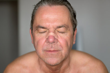 Close up portrait of a middle aged man with a nose tape and eyes closed standing in the bedroom