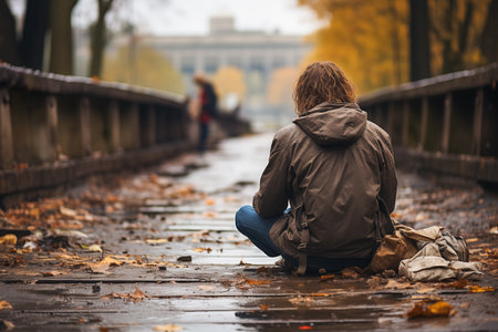 Backview of a homeless man sitting on a bridge outdoor in autumnの素材
