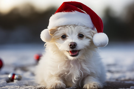 Close up of a little happy white dog with a big smile wearing a santa hat outdoor in the Christmas spiritの素材