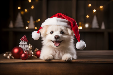 A little happy white dog with a big smile wearing a santa hat at home in the Christmas spiritの素材