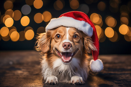 A little happy brown dog with a big smile wearing a santa hat at home in the Christmas spiritの素材