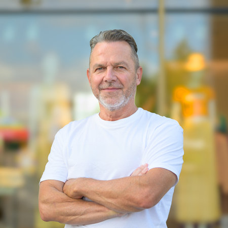 A middle-aged man stands confidently with his arms crossed, wearing a white t-shirt, radiating ease...