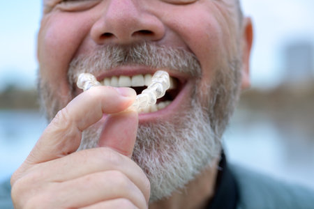 A close-up of a mature man with a joyful smile, holding a dental retainer near his teeth.の写真素材