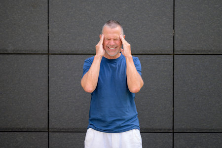 Middle-aged man in a blue shirt and white shorts standing against a dark tiled wall, holding his...