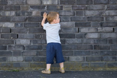 Rear view of a small boy standing in front of a textured dark brick wall with both hands touching it.の写真素材
